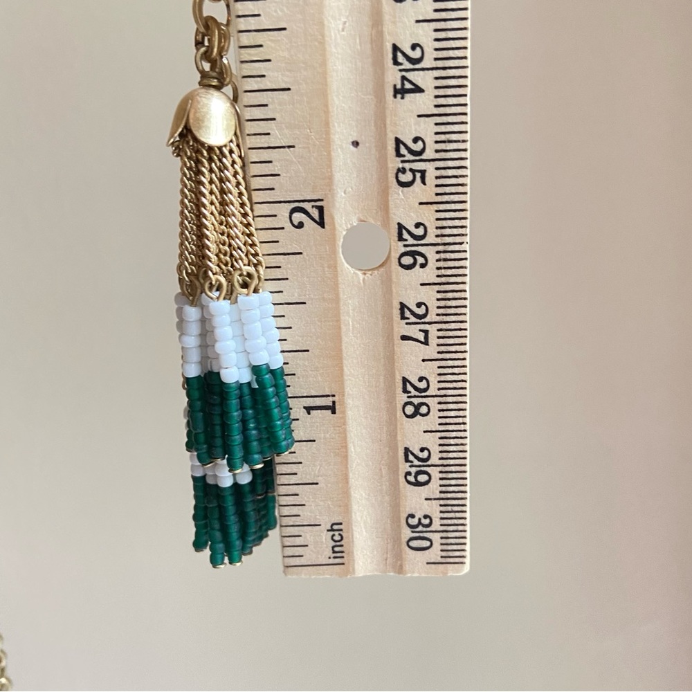 J. Crew glass bead tassel necklace on long goldtone chain in green and white - Picture 7 of 9